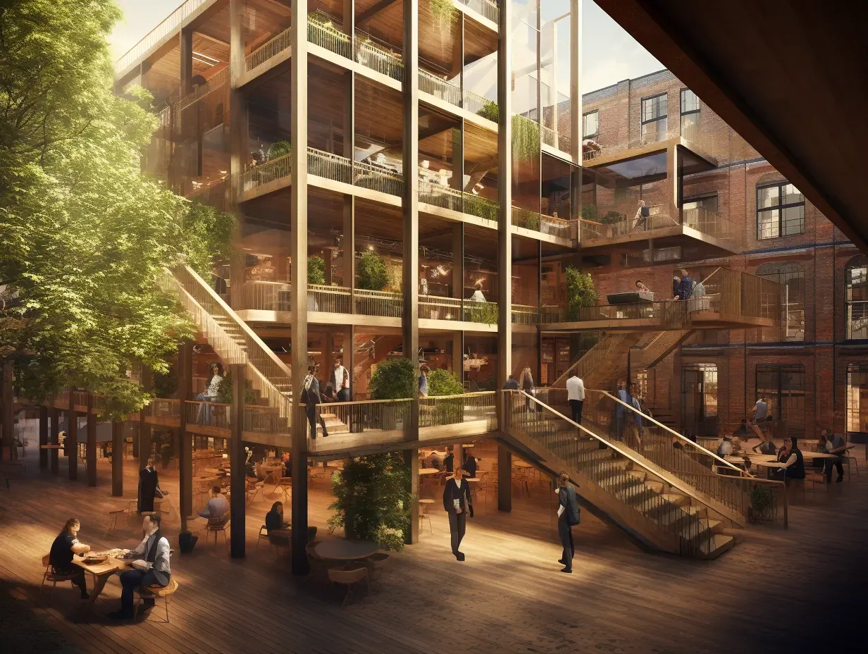 Multi-level modern office building with open wooden staircases, greenery, glass walls, and people interacting in a spacious courtyard