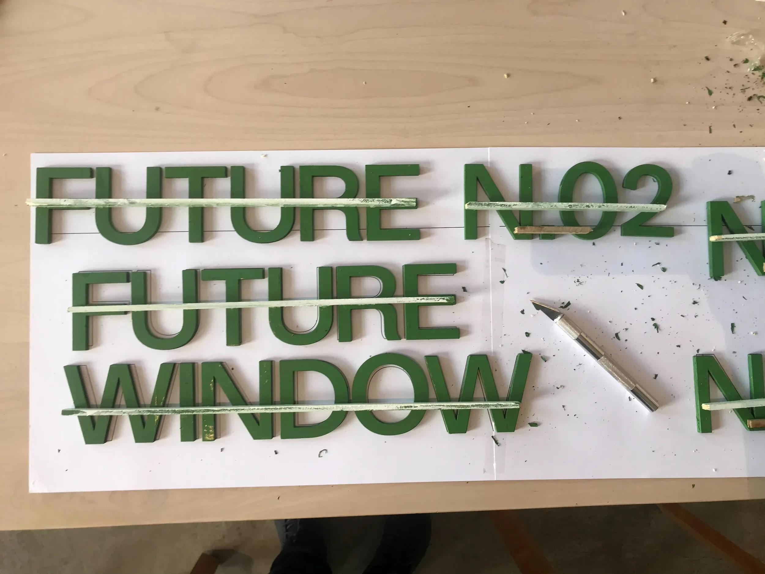 Future Window written with green wooden letters