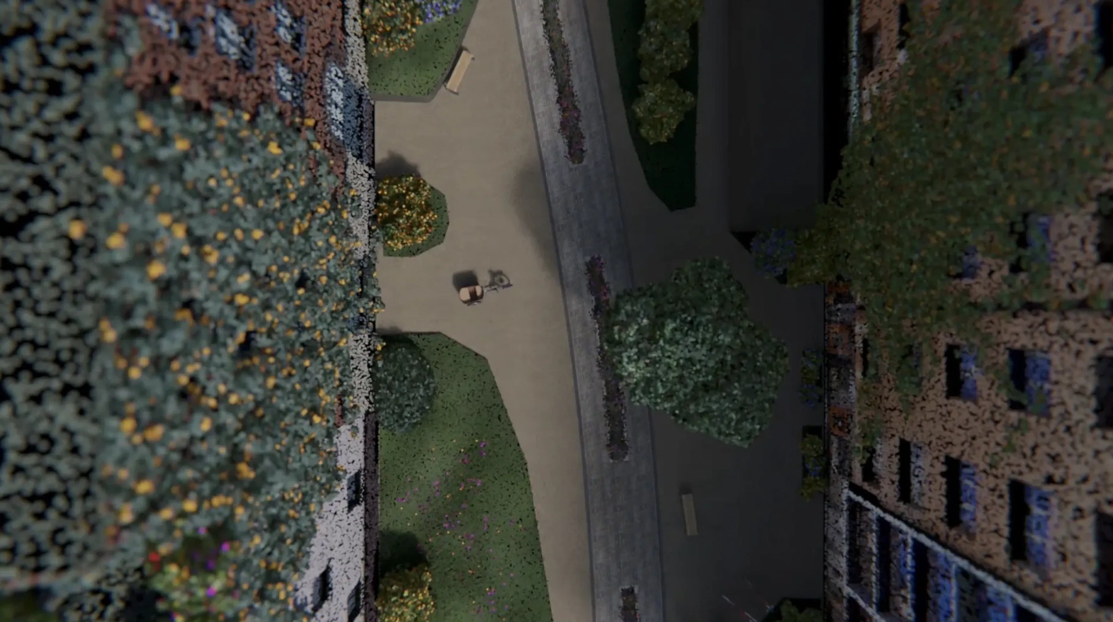 A stylized street with lots of vegetation