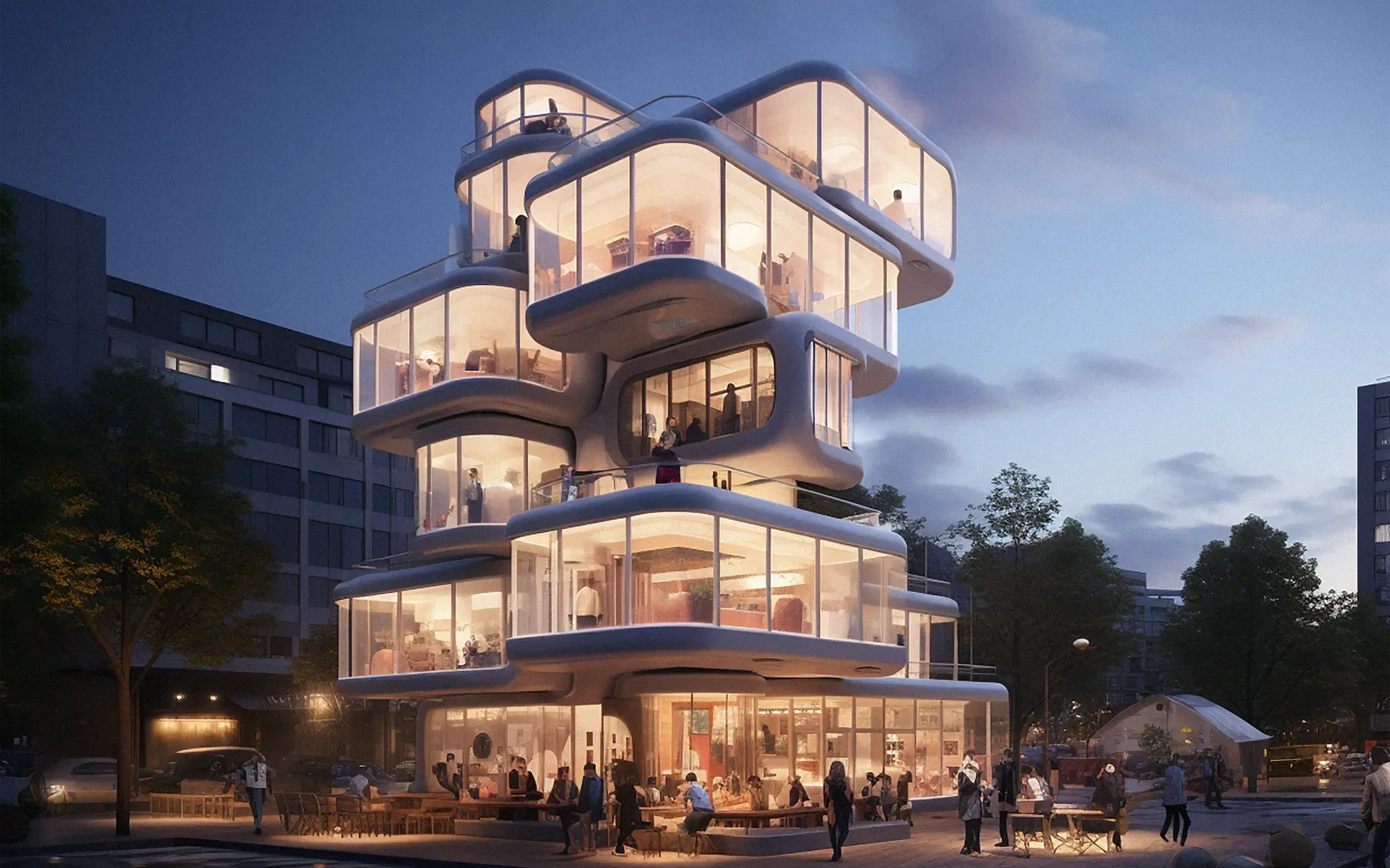 Futuristic multi-story building with rounded glass facades, glowing interior lights, and people socializing outside at dusk in an urban setting