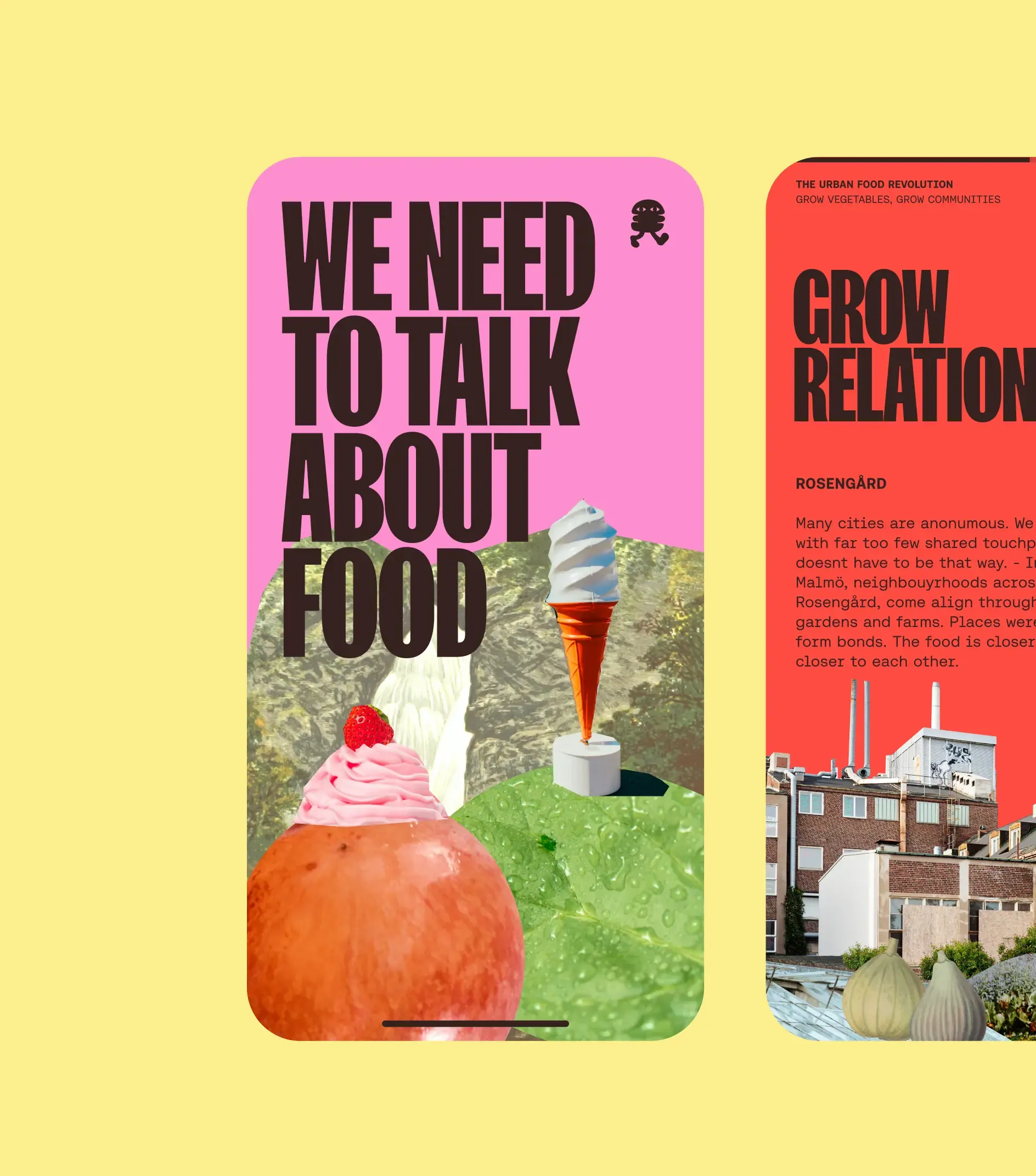 Three mobile screens with food app designs on them