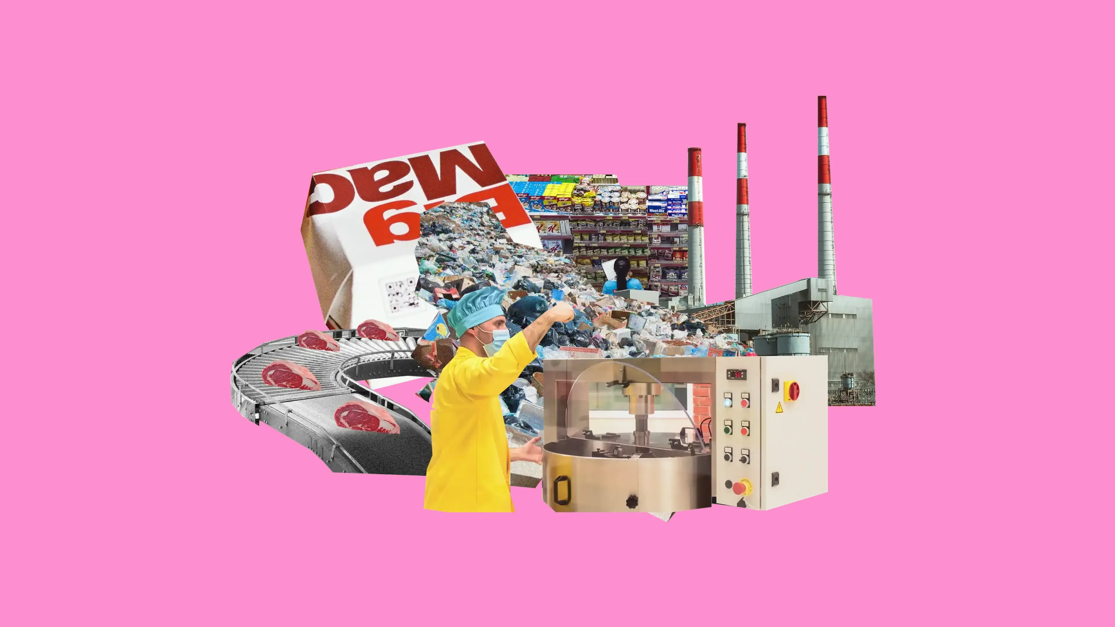 Collage of insdustrial food processes and store shelves