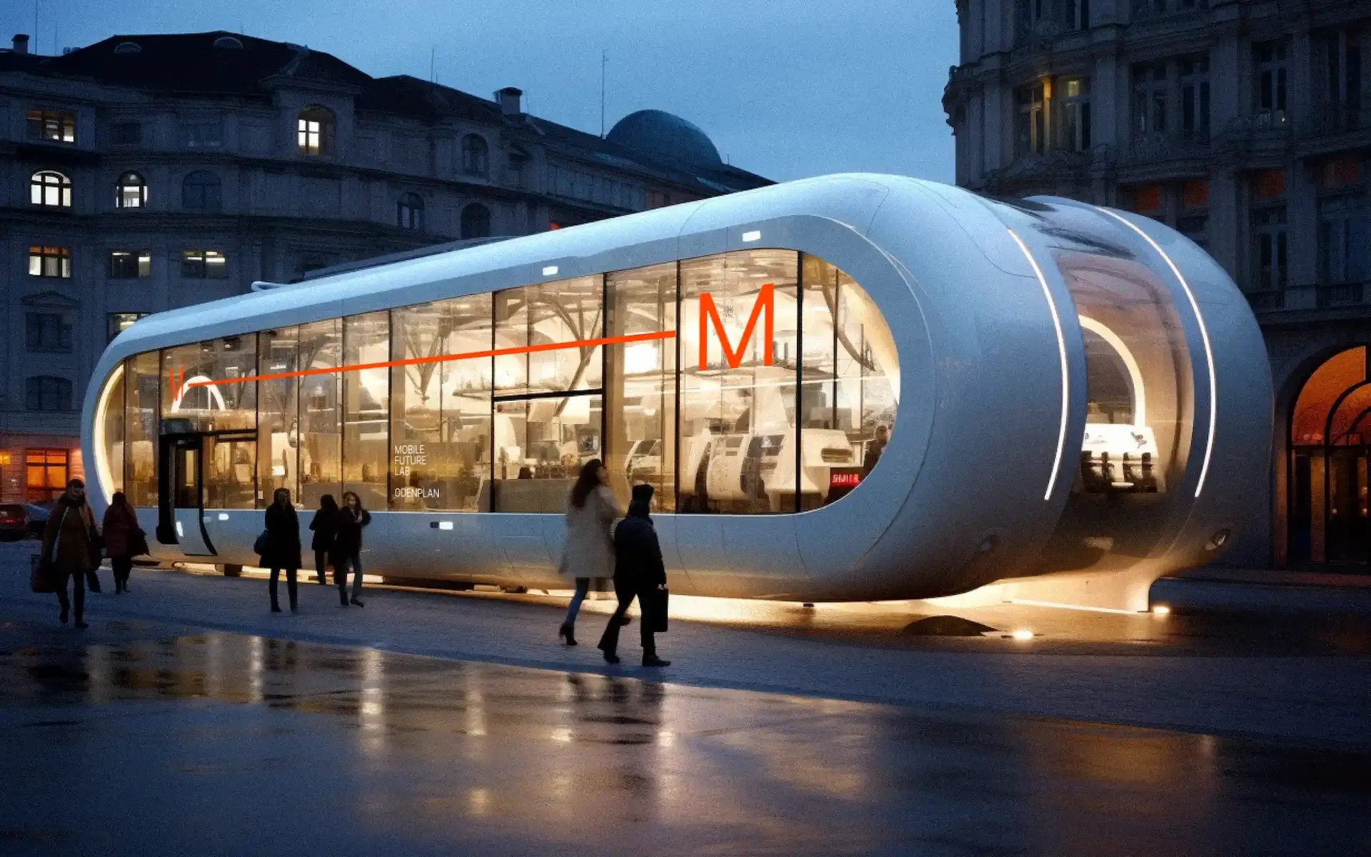 Futuristic mobile lab with a sleek, rounded glass design illuminated at dusk, labeled “Mobile Future Lab” and surrounded by pedestrians in an urban square.