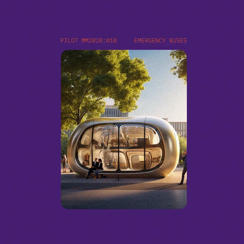 Futuristic pod-like emergency bus with a rounded glass exterior, parked under trees in a city plaza